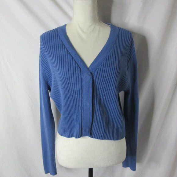 Cabi Slim Rib Cardigan Long Sleeve Blue Cropped #6173 Snap V Neck Size Large - Picture 1 of 9